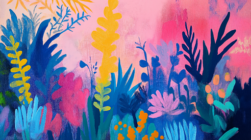 Papier peint floral coloré Plantes vibrantes sur fond rose