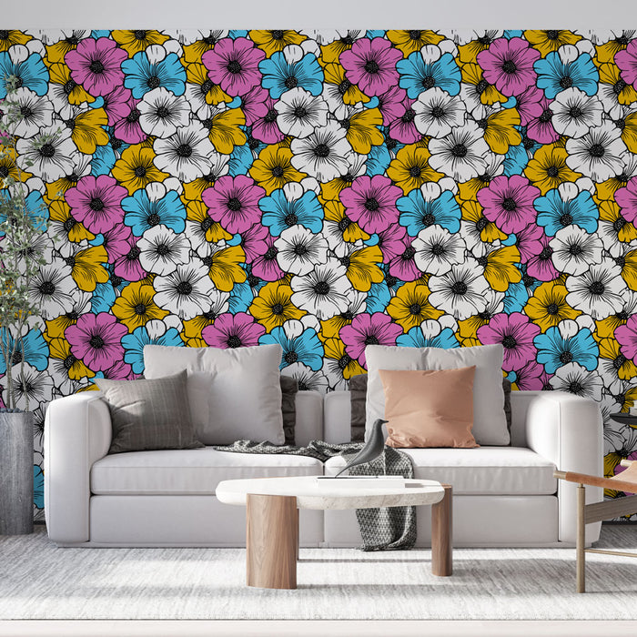 Un salon moderne avec un papier peint floral aux motifs colorés de fleurs roses, bleues, jaunes et blanches sur fond blanc, créant une ambiance joyeuse et dynamique.