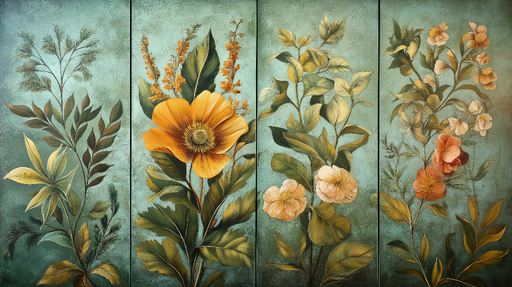 Papier peint floral Composition colorée de fleurs et feuillages sur un fond turquoise