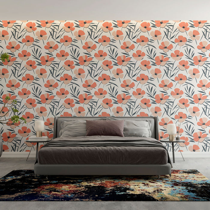 Une chambre moderne avec un papier peint floral aux motifs de coquelicots corail et feuillage noir sur fond clair, créant une ambiance fraîche et accueillante.