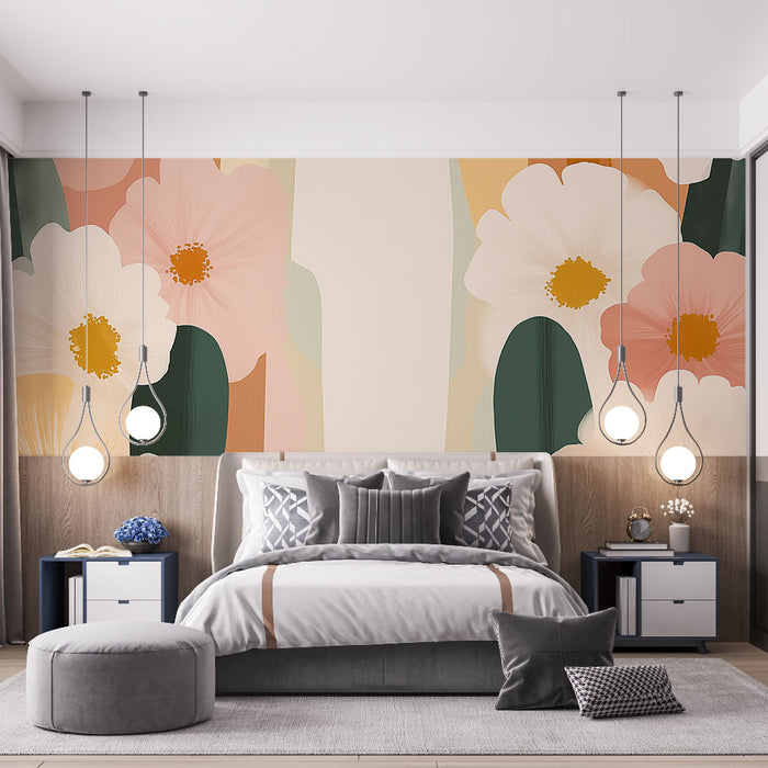 Papier peint floral aux couleurs douces avec fleurs stylisées pour chambre moderne.