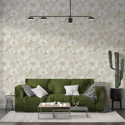 Un salon moderne avec un papier peint floral beige et blanc aux motifs élégants, créant une atmosphère douce et apaisante.