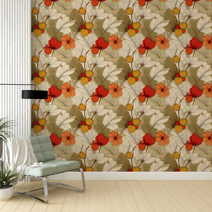 Une pièce moderne avec un papier peint floral aux motifs vibrants de fleurs rouges et oranges, sur fond beige, créant une ambiance chaleureuse et accueillante.