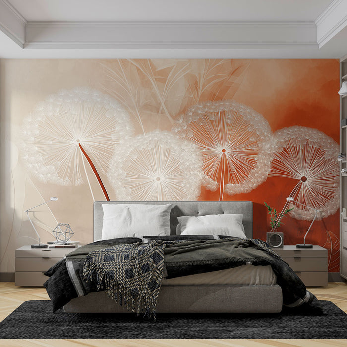 Papier peint floral avec pissenlits délicats sur fond chaleureux pour chambre moderne
