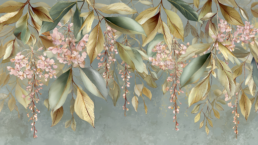 Papier peint floral délicat Feuilles élégantes et fleurs pastel sur fond apaisant