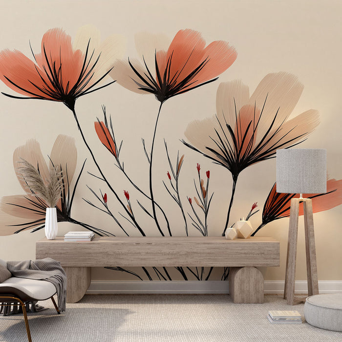 Une pièce moderne avec un papier peint floral aux grandes fleurs aux teintes douces de pêche et beige, créant une ambiance chaleureuse et apaisante.