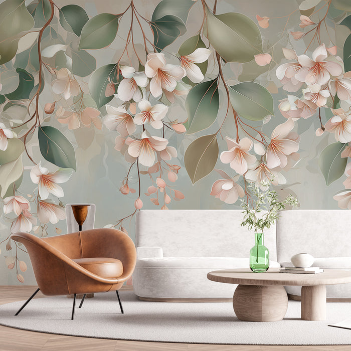 Une pièce moderne avec un papier peint floral aux délicates fleurs blanches et feuillages verts, créant une atmosphère apaisante et élégante.