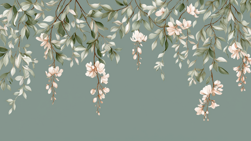 Papier peint floral délicat Fleurs suspendues sur un fond vert apaisant