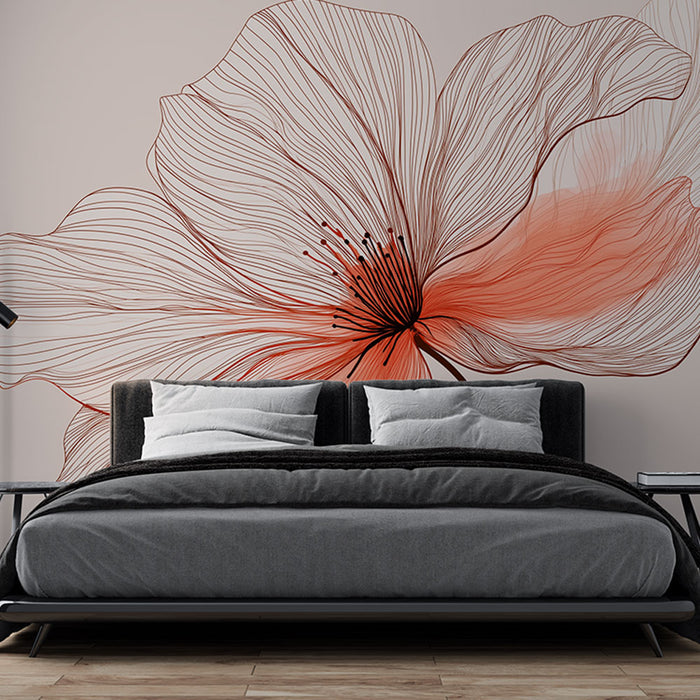 Une chambre moderne avec un papier peint floral aux lignes délicates et aux teintes rouge et beige, créant une atmosphère apaisante et élégante.