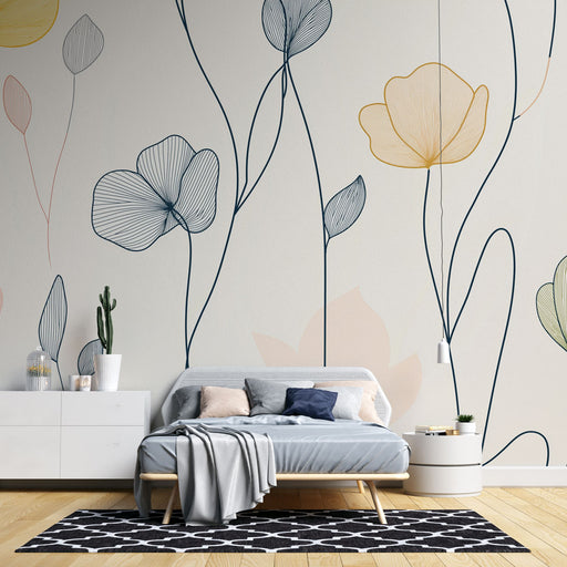 Papier peint floral délicat avec motif de fleurs colorées et lignes élégantes pour chambre moderne