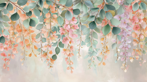 Papier peint floral délicat Motifs de feuilles et fleurs pastel