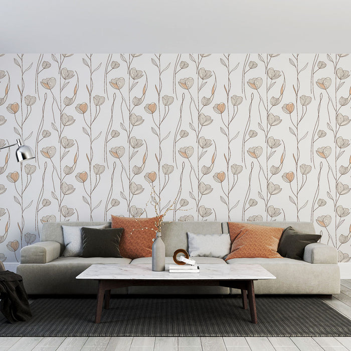 Un salon moderne avec un papier peint floral aux motifs délicats de fleurs beige et grises sur fond blanc, créant une ambiance douce et apaisante.