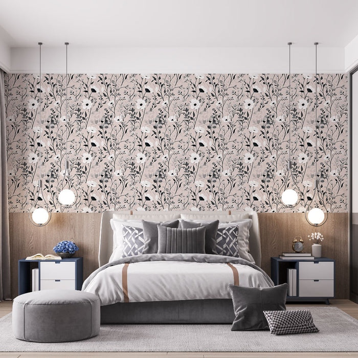 Une chambre moderne avec un papier peint floral aux teintes douces de rose et noir, créant une ambiance délicate et apaisante.