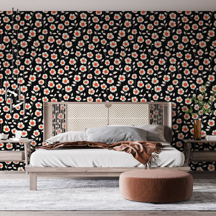 Une chambre moderne avec un papier peint floral noir, orné de fleurs blanches et rouges, créant une ambiance dynamique et chaleureuse.