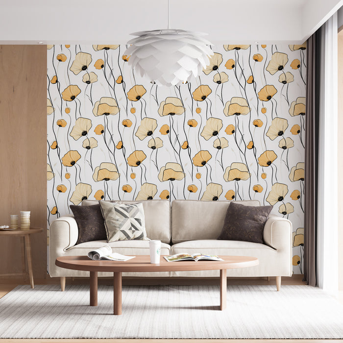Un salon lumineux avec un papier peint floral aux motifs de coquelicots jaunes et noirs sur fond blanc, créant une ambiance joyeuse et accueillante.