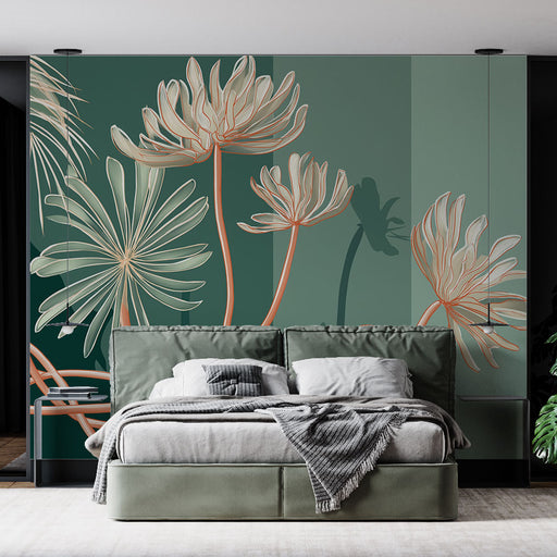 Une chambre moderne avec un papier peint floral aux grandes fleurs blanches et orangées sur fond vert, créant une atmosphère apaisante et élégante.