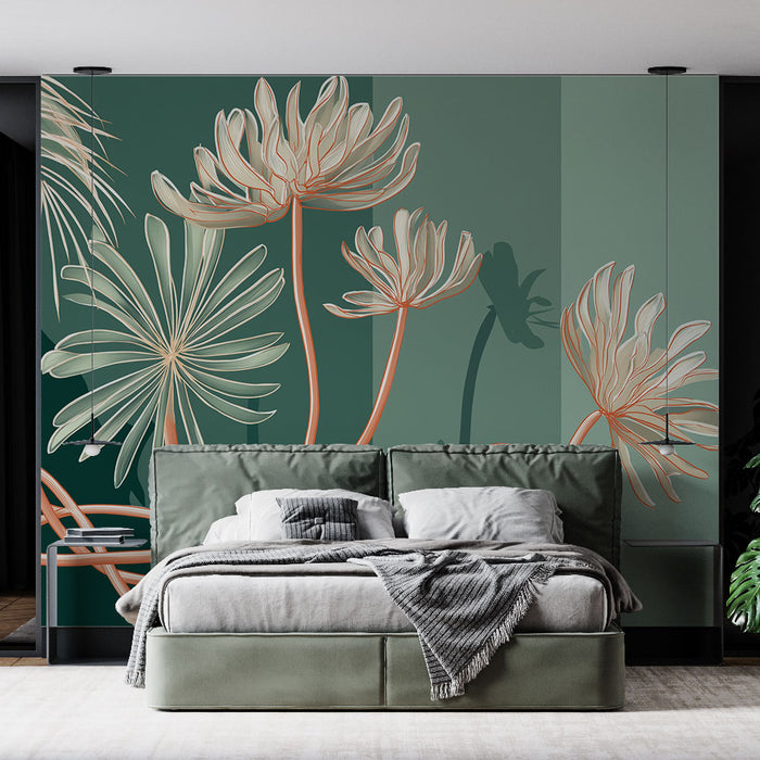 Une chambre moderne avec un papier peint floral aux grandes fleurs blanches et orangées sur fond vert, créant une atmosphère apaisante et élégante.
