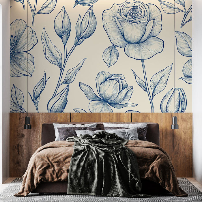 Papier peint floral | Design de fleurs en bleu sur fond crème