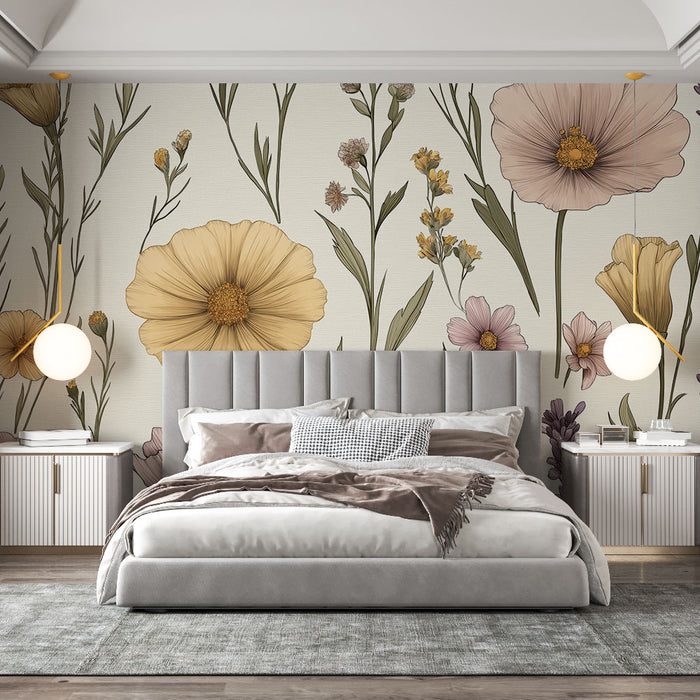 Papier peint floral | Design délicat de fleurs sur fond crème