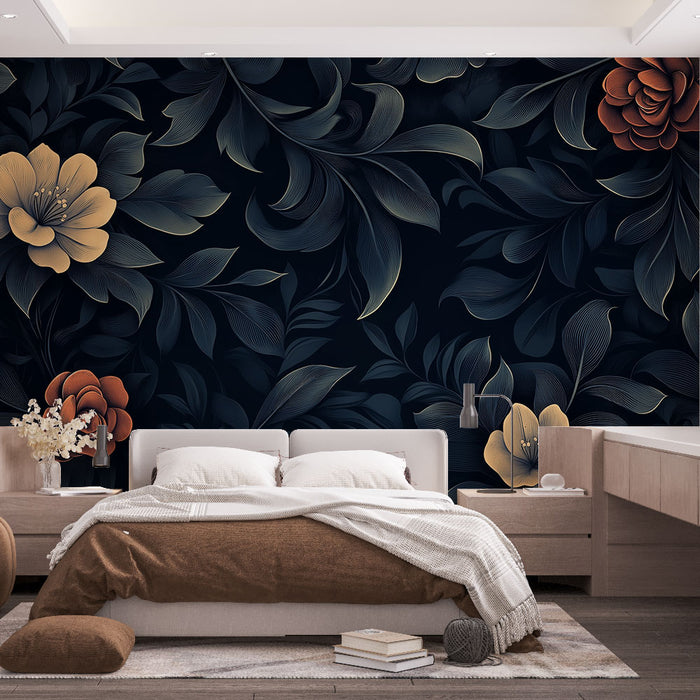 Papier peint floral | Design élégant sur fond sombre