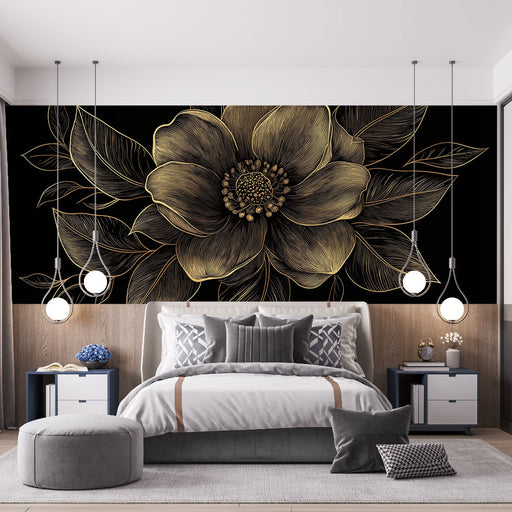 Papier peint floral doré avec motif élégant et minimaliste pour chambre moderne