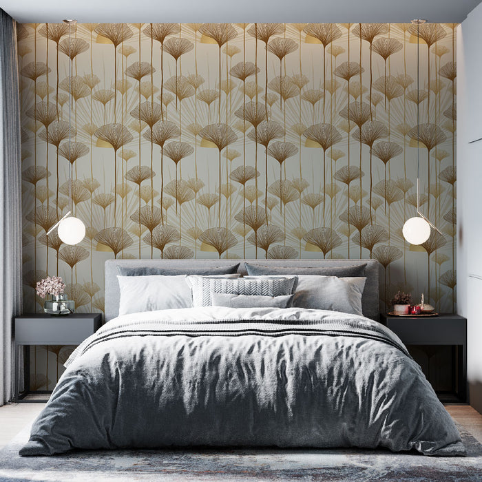 Une chambre moderne avec un papier peint floral aux motifs délicats dorés sur fond clair, créant une atmosphère élégante et apaisante.