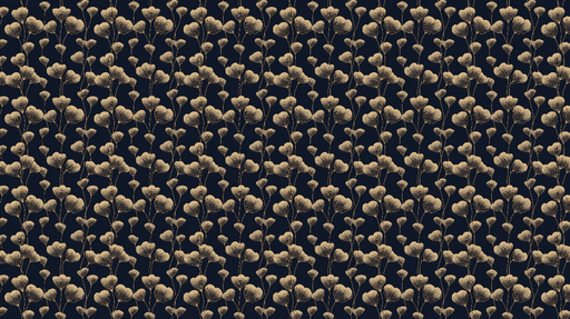 Papier peint floral doré Élégantes feuilles sur fond bleu nuit