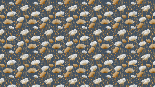 Papier peint floral doré et blanc Fleurs élégantes sur fond bleu nuit