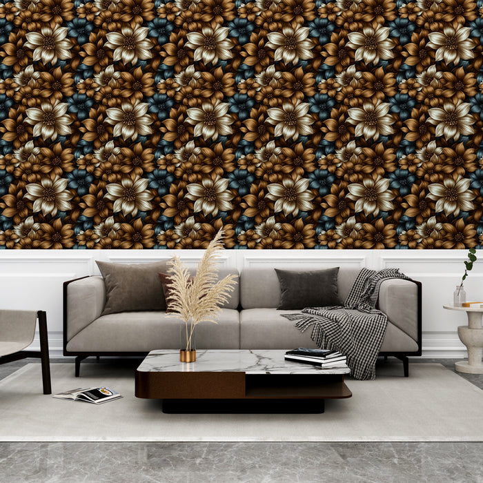 Un salon élégant avec un papier peint floral aux teintes dorées et bleues, créant une atmosphère chaleureuse et raffinée.