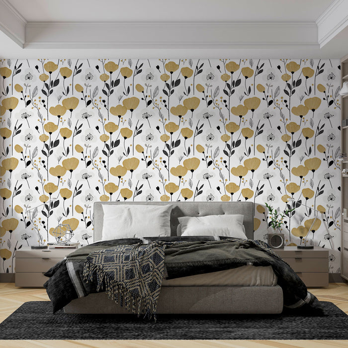 Une chambre moderne avec un papier peint floral aux motifs dorés et noirs sur fond blanc, créant une atmosphère élégante et chaleureuse.