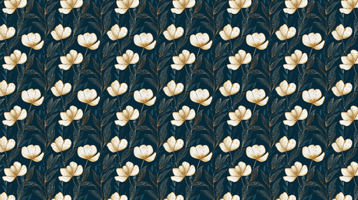 Papier peint floral doré Fleurs blanches élégantes sur fond bleu nuit