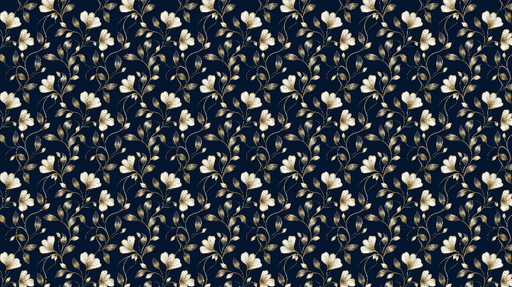 Papier peint floral doré Fleurs blanches et feuillage sur fond bleu nuit