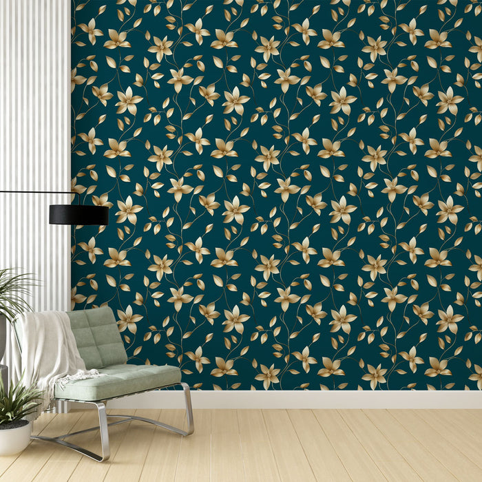 Une pièce moderne avec un papier peint floral bleu canard orné de fleurs dorées et de feuillages délicats, créant une atmosphère élégante et chaleureuse.
