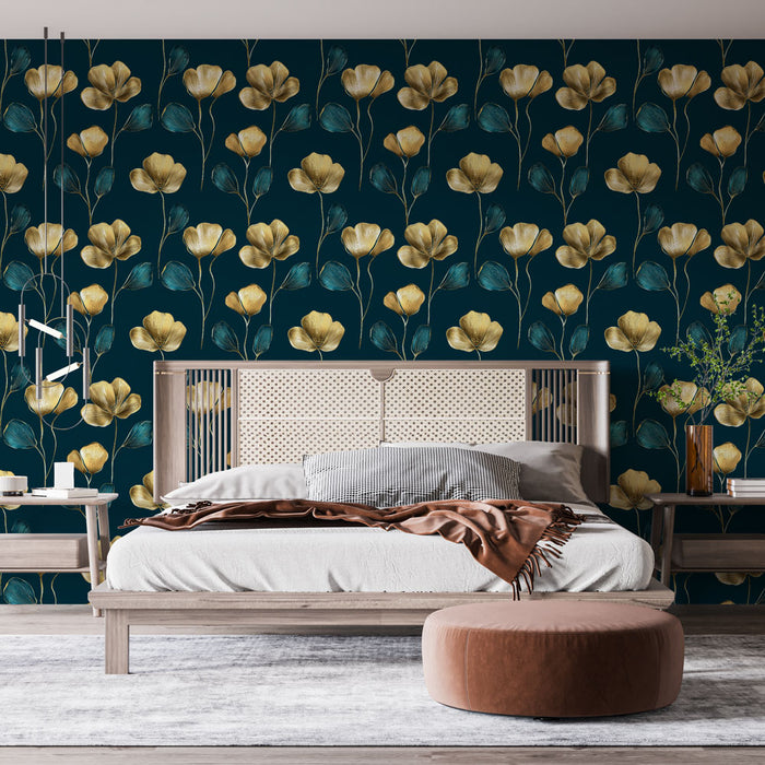 Une chambre élégante avec un papier peint floral aux grandes fleurs dorées sur fond bleu nuit, créant une atmosphère chaleureuse et apaisante.