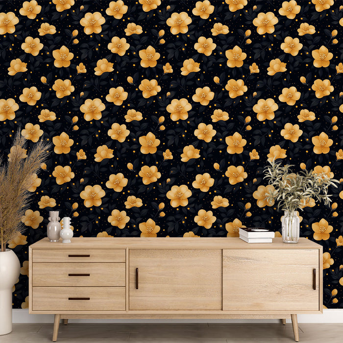 Une pièce moderne avec un papier peint floral aux grandes fleurs jaunes sur fond noir, créant une ambiance à la fois élégante et chaleureuse.