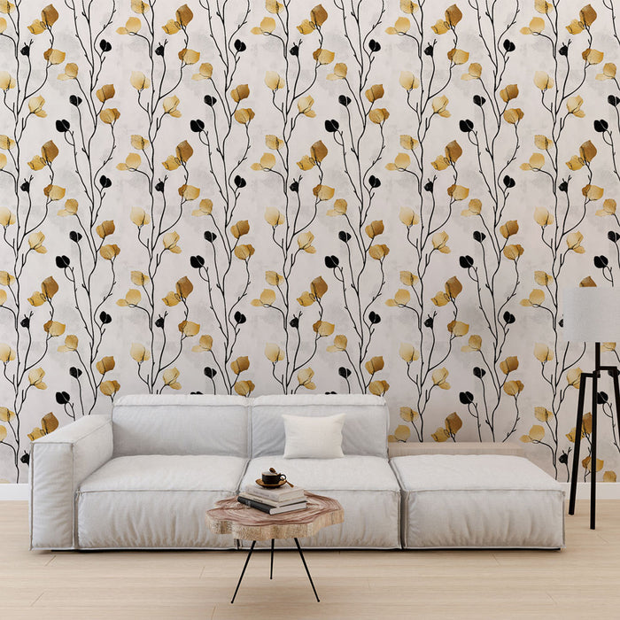 Un salon moderne avec un papier peint floral aux motifs de tiges noires et fleurs jaunes sur fond clair, créant une ambiance chaleureuse et accueillante.