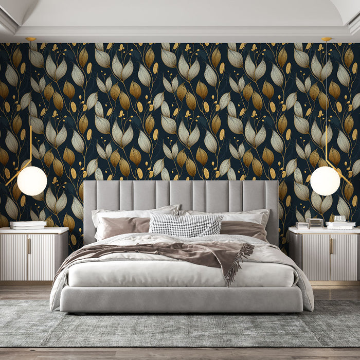 Une chambre élégante avec un papier peint floral aux motifs de feuilles dorées et crème sur fond bleu nuit, créant une ambiance chaleureuse et raffinée.