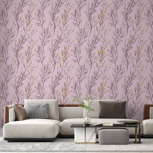 Un salon moderne avec un papier peint floral aux motifs délicats de feuilles sur fond rose, créant une ambiance douce et apaisante.
