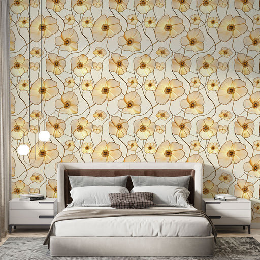 Une chambre moderne avec un papier peint floral aux teintes douces de jaune et beige, créant une atmosphère chaleureuse et apaisante.
