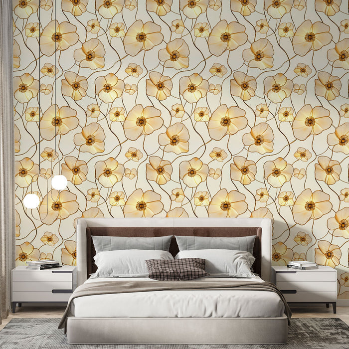 Une chambre moderne avec un papier peint floral aux teintes douces de jaune et beige, créant une atmosphère chaleureuse et apaisante.