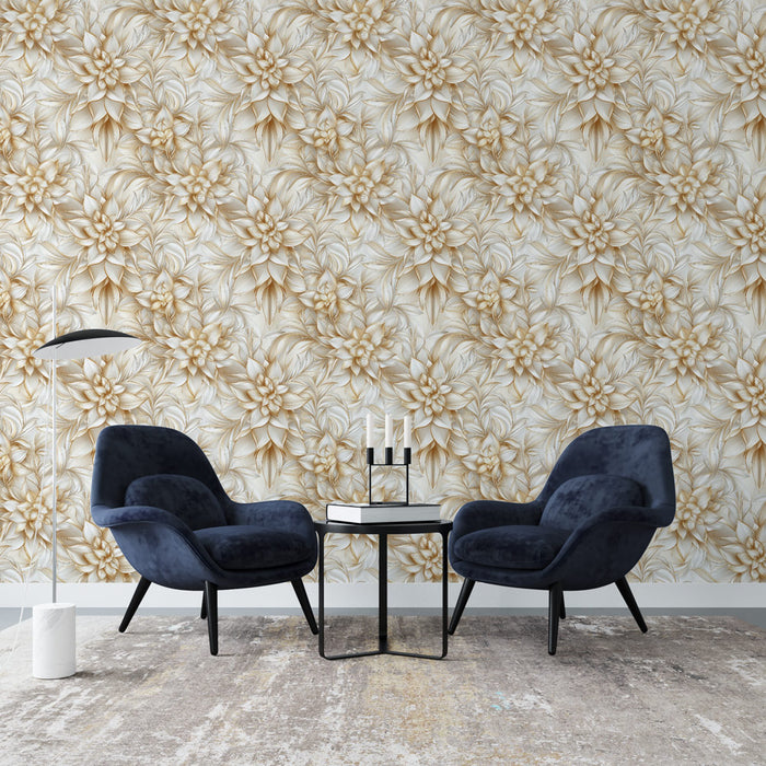 Un salon élégant avec un papier peint floral beige et doré aux motifs délicats, créant une atmosphère chaleureuse et raffinée.