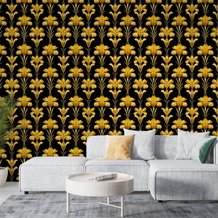 Un salon élégant avec un papier peint floral noir et or, présentant des motifs de fleurs stylisées qui apportent une ambiance luxueuse et chaleureuse.