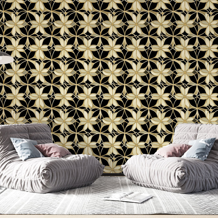 Un salon moderne avec un papier peint floral noir et doré, présentant des motifs élégants de fleurs qui créent une ambiance sophistiquée et chaleureuse.