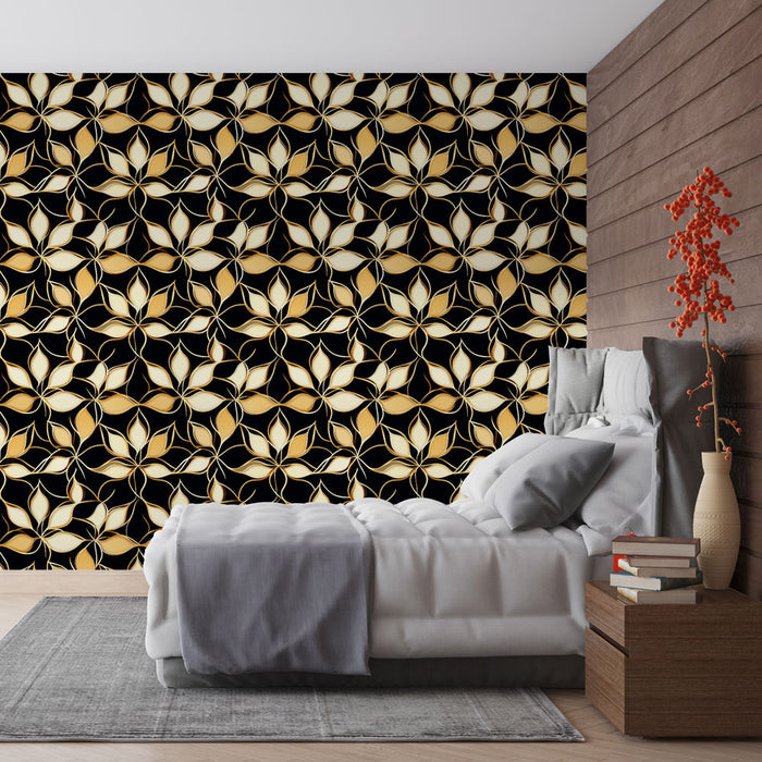 Une chambre moderne avec un papier peint floral noir et doré aux motifs élégants, créant une atmosphère chic et sophistiquée.