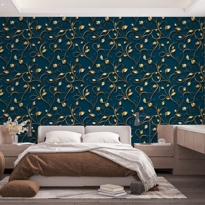 Une chambre élégante avec un papier peint floral bleu profond et doré, aux motifs de vignes délicates, créant une atmosphère raffinée et chaleureuse.