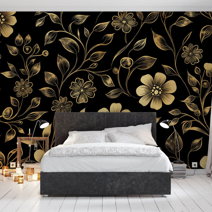 Papier peint floral doré | Motifs de fleurs et feuilles dorées sur fond noir