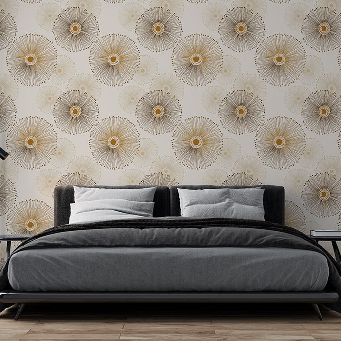 Une chambre moderne avec un papier peint floral beige et doré, présentant des motifs de fleurs stylisées qui créent une ambiance élégante et chaleureuse.