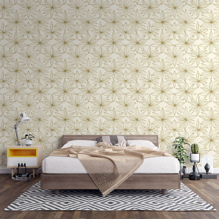 Une chambre moderne avec un papier peint floral beige et doré aux motifs délicats, créant une atmosphère apaisante et élégante.