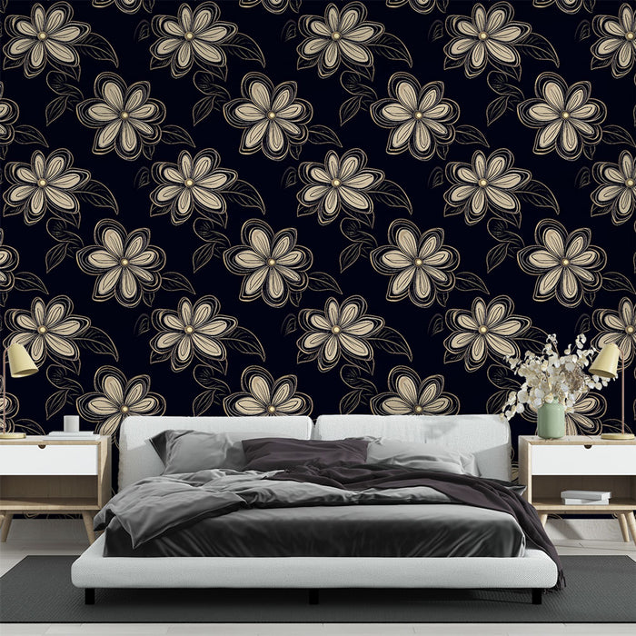 Une chambre moderne avec un papier peint floral aux grandes fleurs crème sur fond bleu nuit, créant une ambiance élégante et chaleureuse.