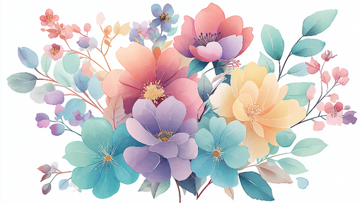 Papier peint floral doux Bouquet de fleurs pastel avec des nuances de bleu, rose et jaune